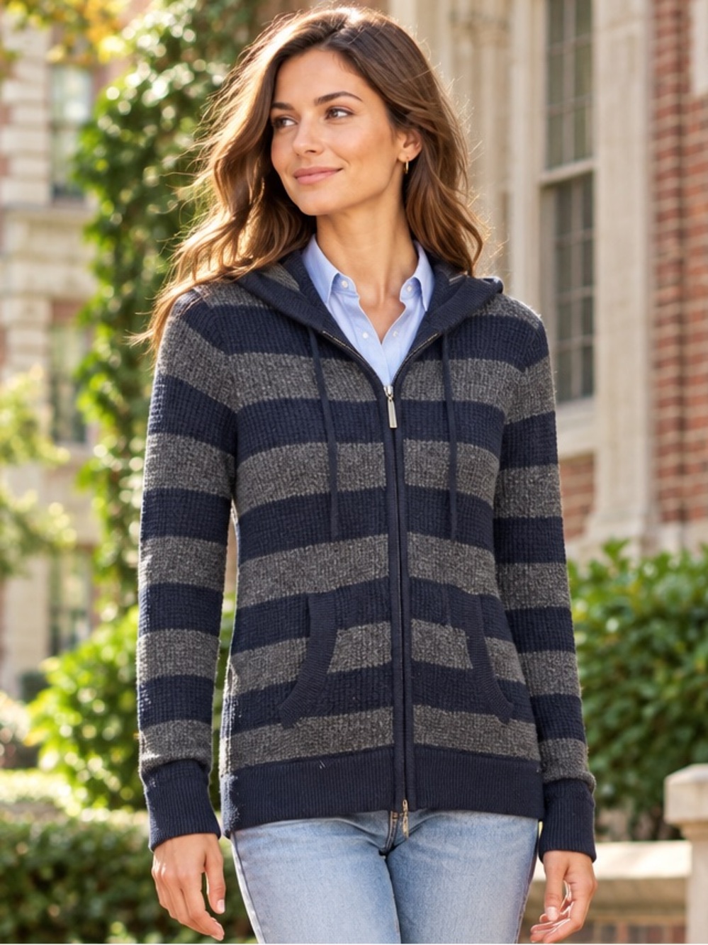 Vince 100% Cashmere Striped Zip Hoodie Sweater Navy Gray Size S